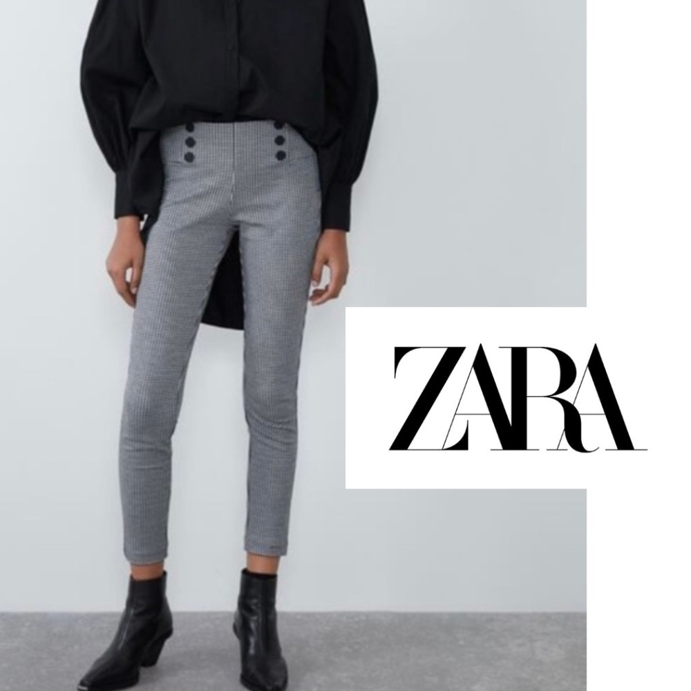 NWT Zara Black/White Check Crop Side Zip Skinny Pants with Black Buttons Size S
